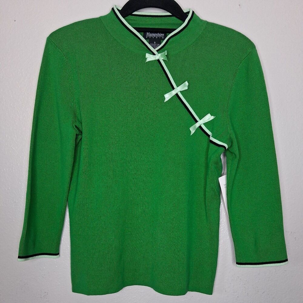 Vintage NWT Hampshire Studio Sweater Bow Detail Green Clover Size S